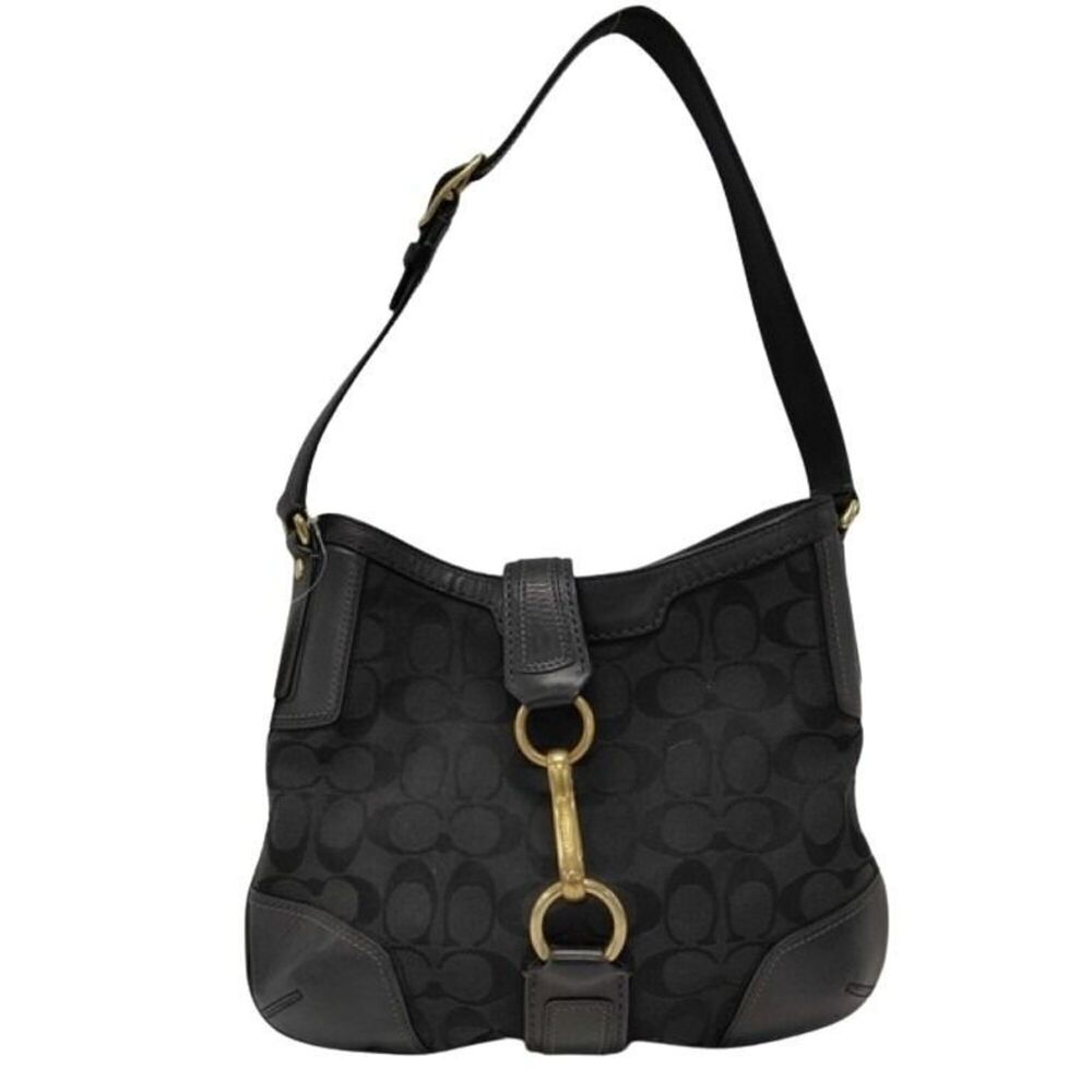 COACH Signature Handbag 11058 Black Canvas Leather Women's